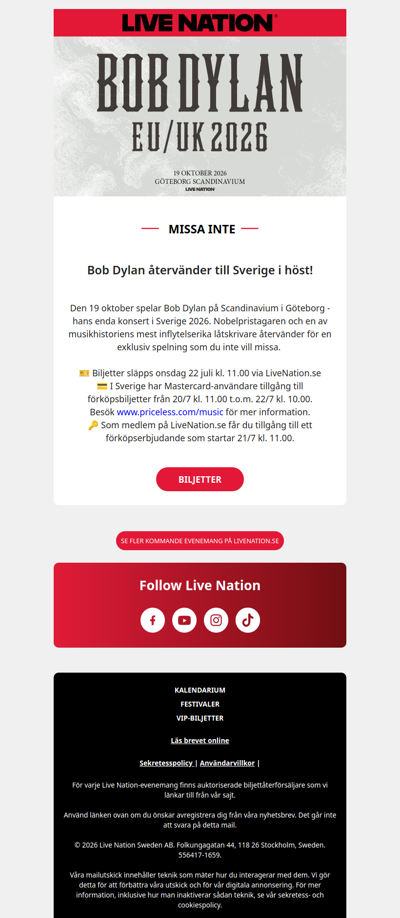 Bob Dylan återvänder till Sverige i höst!