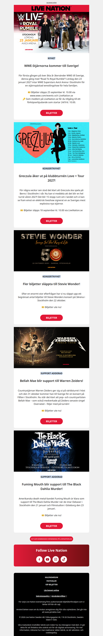 Konsertnyheter: WWE, Greczula, Stevie Wonder och fler!
