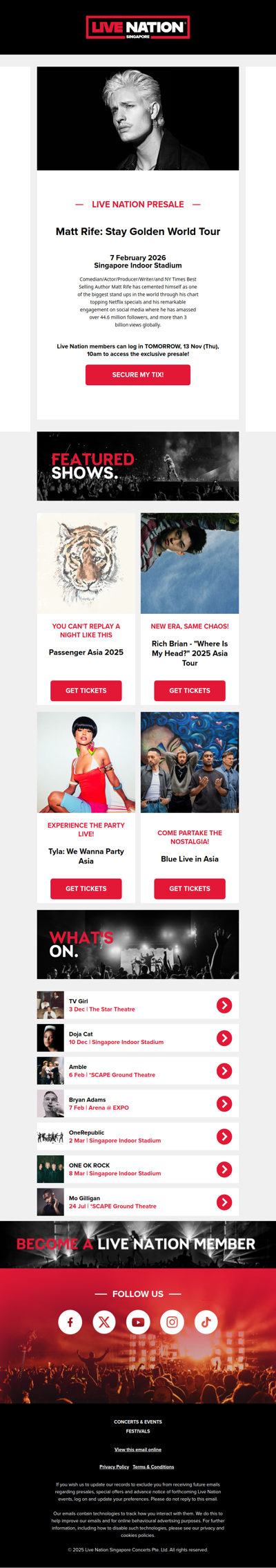 ⏱️ Live Nation Presale for 𝐌𝐚𝐭𝐭 𝐑𝐢𝐟𝐞: 𝐒𝐭𝐚𝐲 𝐆𝐨𝐥𝐝𝐞𝐧 𝐖𝐨𝐫𝐥𝐝 𝐓𝐨𝐮𝐫