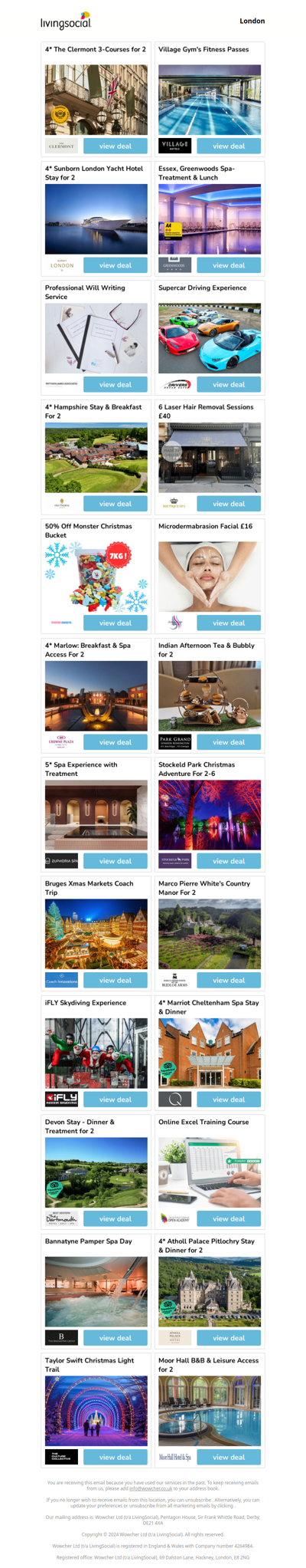 4* The Clermont 3-Courses for 2 | Village Gym's Fitness Passes | 4* Sunborn London Yacht Hotel Stay for 2 | Essex, Greenwoods Spa- Treatment & Lunch | Professional Will Writing Service