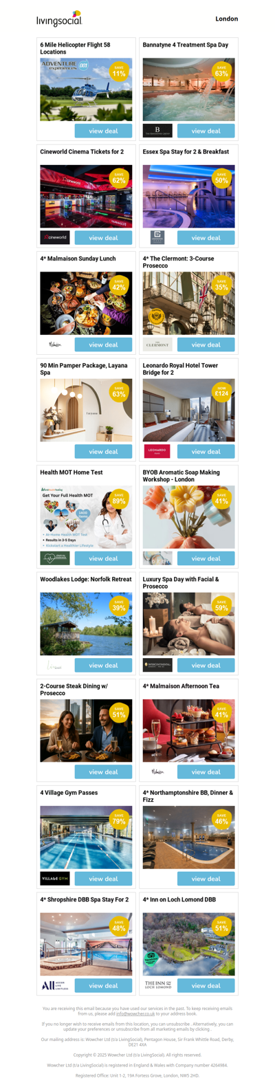 6 Mile Helicopter Flight 58 Locations | Bannatyne 4 Treatment Spa Day | Cineworld Cinema Tickets for 2 | Essex Spa Stay for 2 & Breakfast | 4* Malmaison Sunday Lunch