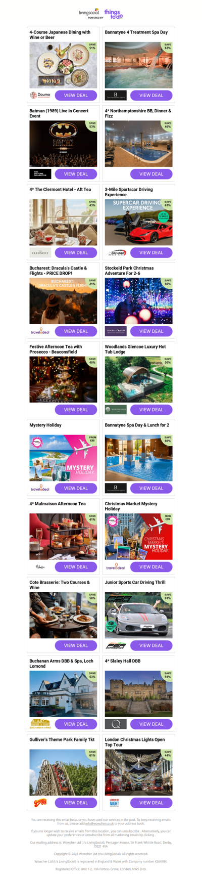 4-Course Japanese Dining with Wine or Beer | Bannatyne 4 Treatment Spa Day | Batman (1989) Live In Concert Event | 4* Northamptonshire BB, Dinner & Fizz | 4* The Clermont Hotel - Aft Tea