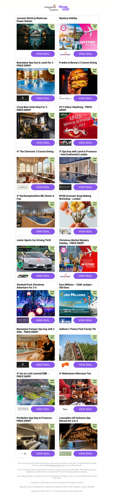 Jurassic World @ Battersea Power Station | Mystery Holiday | Bannatyne Spa Day & Lunch for 2 - PRICE DROP! | Frankie & Benny's 2 Course Dining | Crazy Bear Hotel Stay For 2 - PRICE DROP!