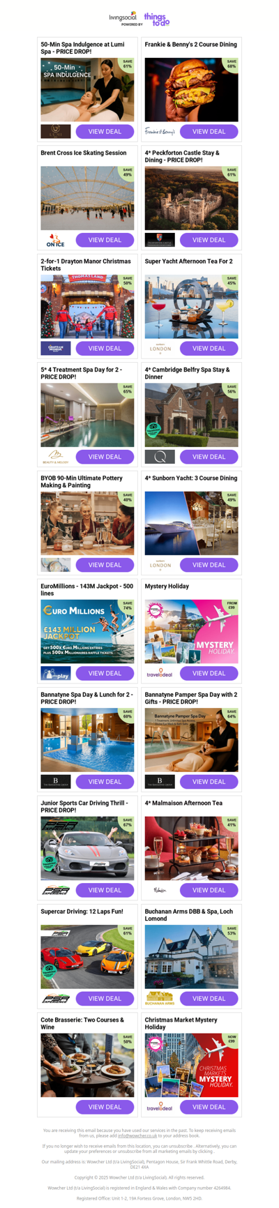 50-Min Spa Indulgence at Lumi Spa - PRICE DROP! | Frankie & Benny's 2 Course Dining | Brent Cross Ice Skating Session | 4* Peckforton Castle Stay & Dining - PRICE DROP! | 2-for-1 Drayton Manor Christmas Tickets