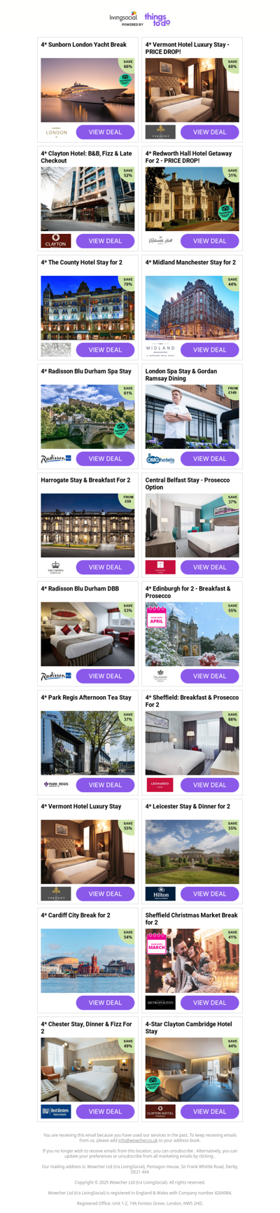 4* Sunborn London Yacht Break | 4* Vermont Hotel Luxury Stay - PRICE DROP! | 4* Clayton Hotel: B&B, Fizz & Late Checkout | 4* Redworth Hall Hotel Getaway For 2 - PRICE DROP! | 4* The County Hotel Stay for 2