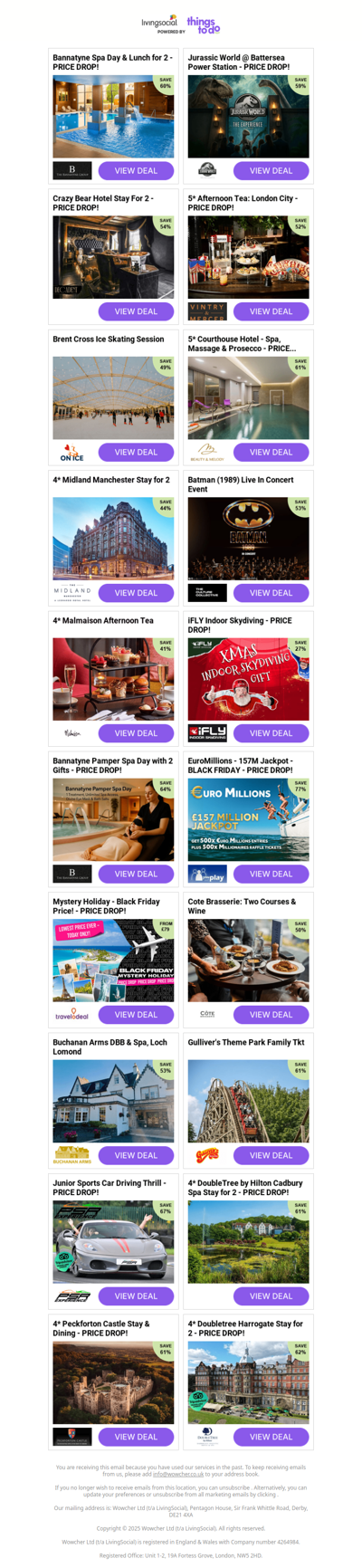 Bannatyne Spa Day & Lunch for 2 - PRICE DROP! | Jurassic World @ Battersea Power Station - PRICE DROP! | Crazy Bear Hotel Stay For 2 - PRICE DROP! | 5* Afternoon Tea: London City - PRICE DROP! | Brent Cross Ice Skating Session