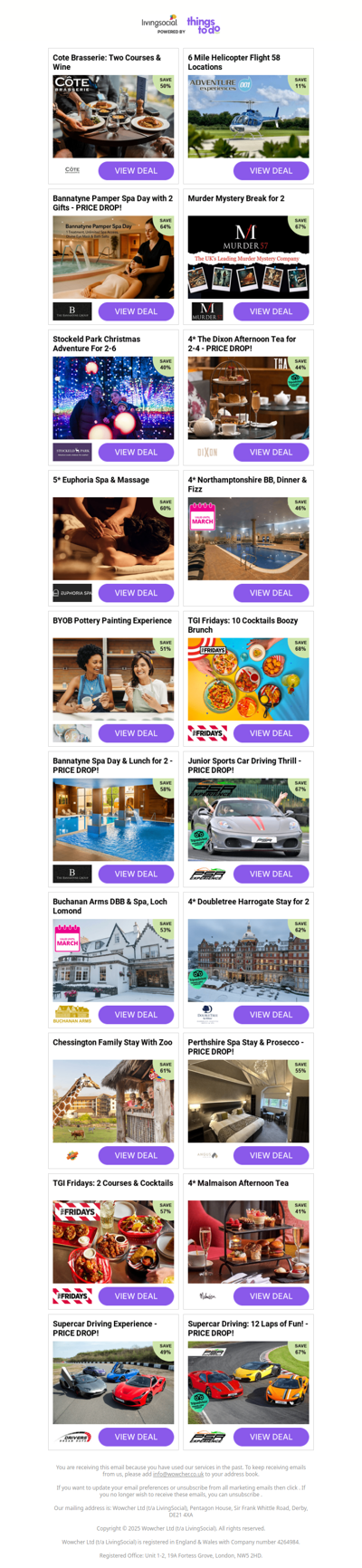 Cote Brasserie: Two Courses & Wine | 6 Mile Helicopter Flight 58 Locations | Bannatyne Pamper Spa Day with 2 Gifts - PRICE DROP! | Murder Mystery Break for 2 | Stockeld Park Christmas Adventure For 2-6