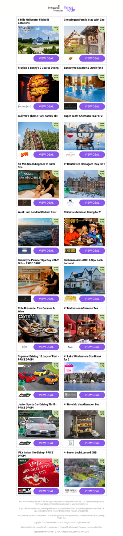 6 Mile Helicopter Flight 58 Locations | Chessington Family Stay With Zoo | Frankie & Benny's 2 Course Dining | Bannatyne Spa Day & Lunch for 2 - PRICE DROP! | Gulliver's Theme Park Family Tkt