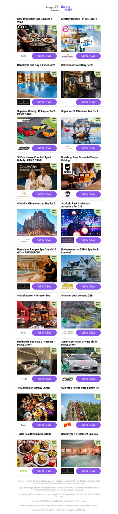 Cote Brasserie: Two Courses & Wine | Mystery Holiday - PRICE DROP! | Bannatyne Spa Day & Lunch for 2 - PRICE DROP! | Crazy Bear Hotel Stay For 2 - PRICE DROP! | Supercar Driving: 12 Laps of Fun! - PRICE DROP!