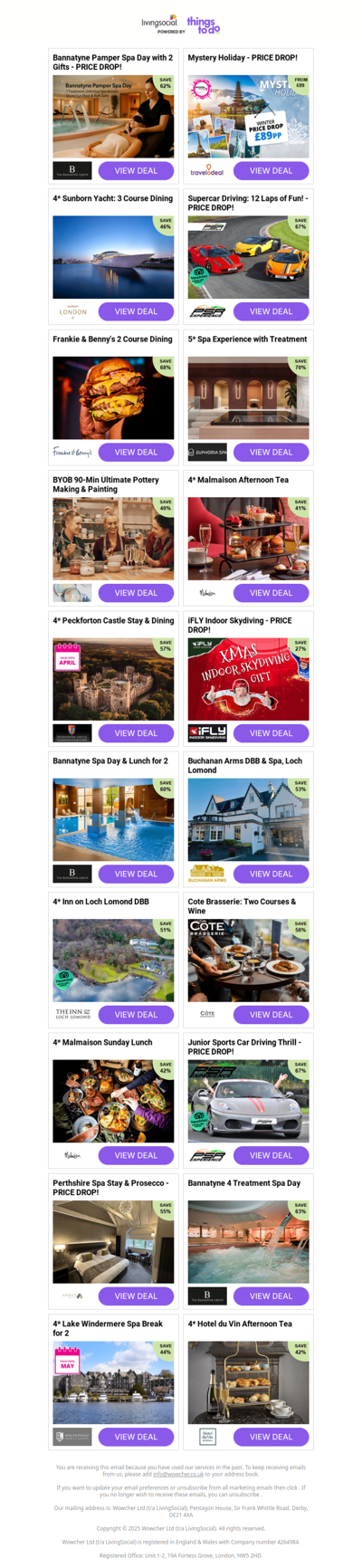 Bannatyne Pamper Spa Day with 2 Gifts - PRICE DROP! | Mystery Holiday - PRICE DROP! | 4* Sunborn Yacht: 3 Course Dining - PRICE DROP! | Supercar Driving: 12 Laps of Fun! - PRICE DROP! | Frankie & Benny's 2 Course Dining