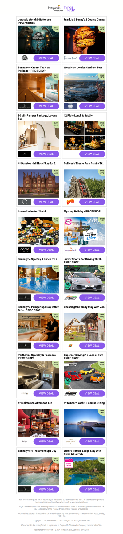 Jurassic World @ Battersea Power Station | Frankie & Benny's 2 Course Dining | Bannatyne Cream Tea Spa Package - PRICE DROP! | West Ham London Stadium Tour | 90 Min Pamper Package, Layana Spa - PRICE DROP!