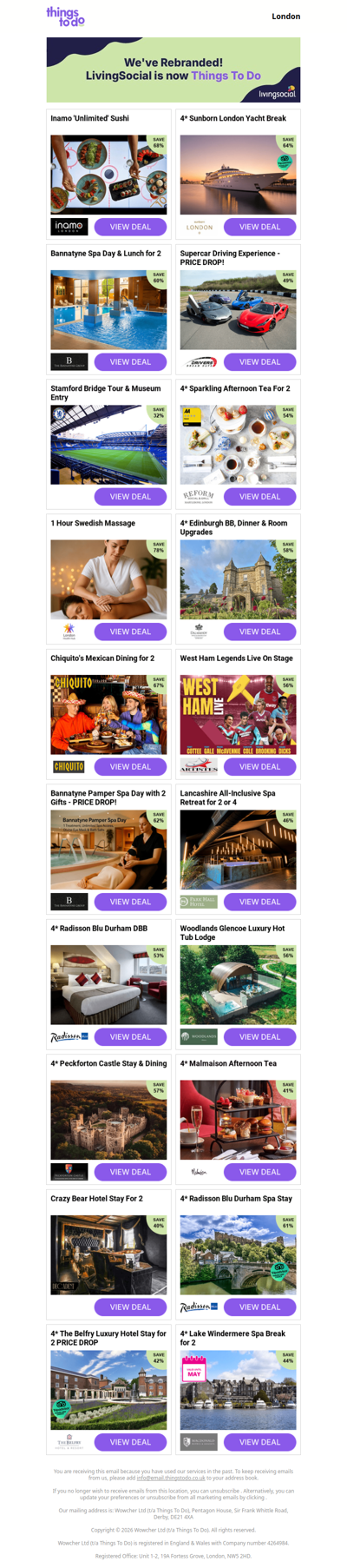 Inamo 'Unlimited' Sushi | 4* Sunborn London Yacht Break | Bannatyne Spa Day & Lunch for 2 | Supercar Driving Experience - PRICE DROP! | Stamford Bridge Tour & Museum Entry