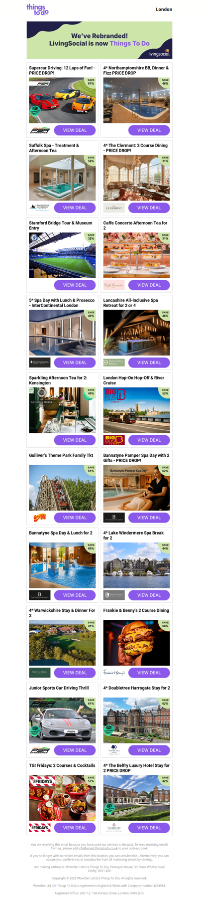 Supercar Driving: 12 Laps of Fun! - PRICE DROP! | 4* Northamptonshire BB, Dinner & Fizz PRICE DROP | Suffolk Spa - Treatment & Afternoon Tea | 4* The Clermont: 3 Course Dining - PRICE DROP! | Stamford Bridge Tour & Museum Entry