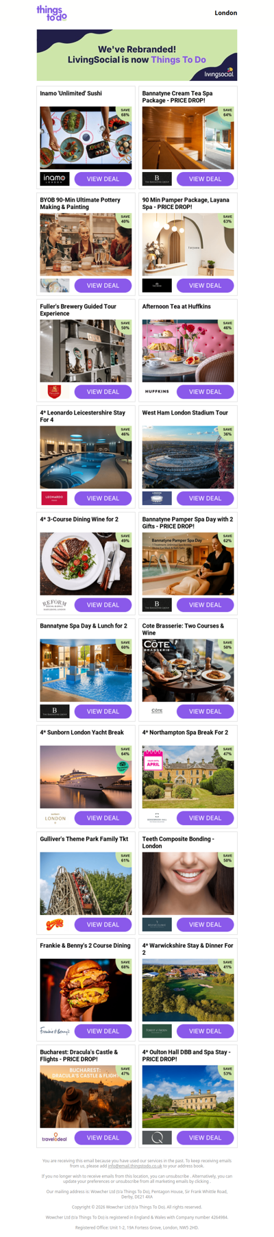 Inamo 'Unlimited' Sushi - PRICE DROP! | Bannatyne Cream Tea Spa Package - PRICE DROP! | BYOB 90-Min Ultimate Pottery Making & Painting | 90 Min Pamper Package, Layana Spa - PRICE DROP! | Fuller's Brewery Guided Tour Experience