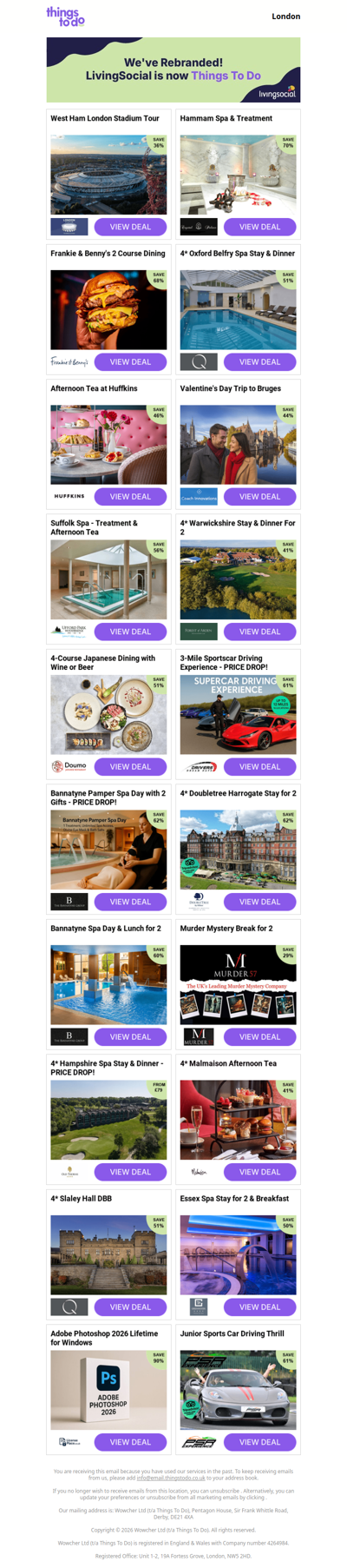 West Ham London Stadium Tour | Hammam Spa & Treatment - PRICE DROP! | Frankie & Benny's 2 Course Dining | 4* Oxford Belfry Spa Stay & Dinner | Afternoon Tea at Huffkins