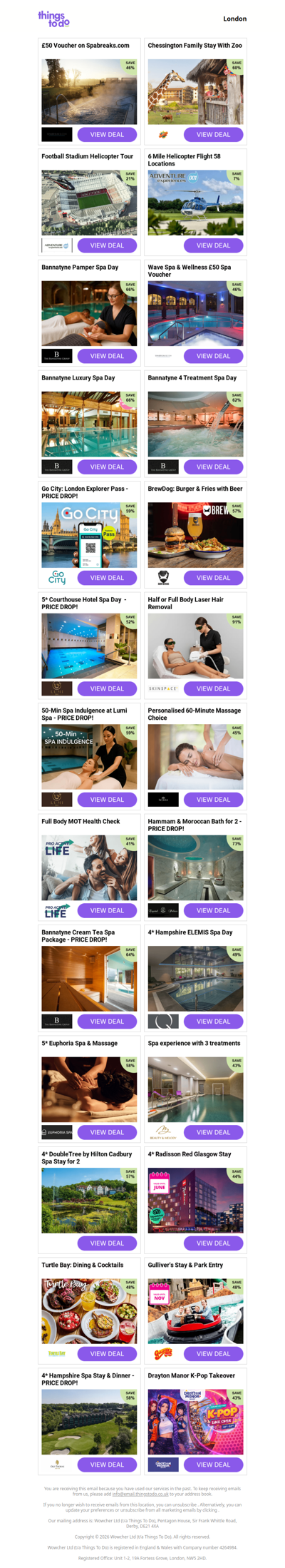 £50 Voucher on Spabreaks.com | Chessington Family Stay With Zoo | Football Stadium Helicopter Tour | 6 Mile Helicopter Flight 58 Locations | Bannatyne Pamper Spa Day