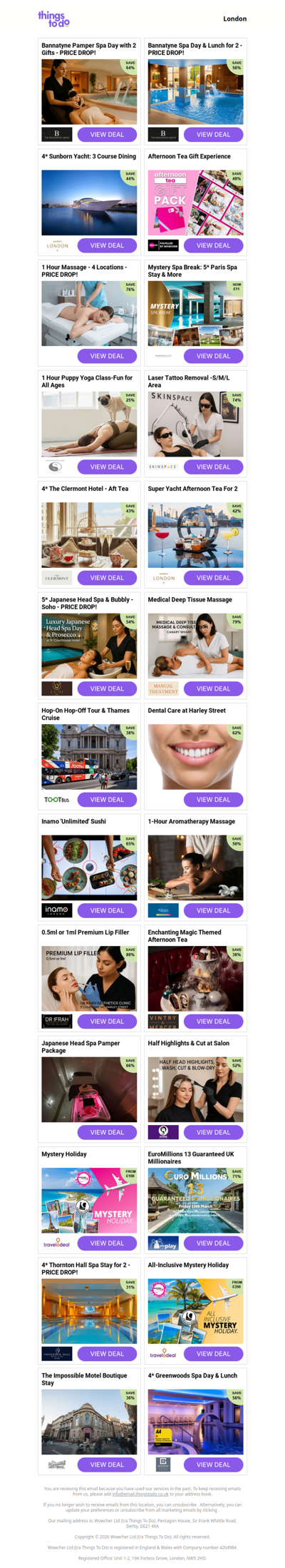 Bannatyne Pamper Spa Day with 2 Gifts - PRICE DROP! | Bannatyne Spa Day & Lunch for 2 - PRICE DROP! | 4* Sunborn Yacht: 3 Course Dining - PRICE DROP! | Afternoon Tea Gift Experience | 1 Hour Massage - 4 Locations - PRICE DROP!