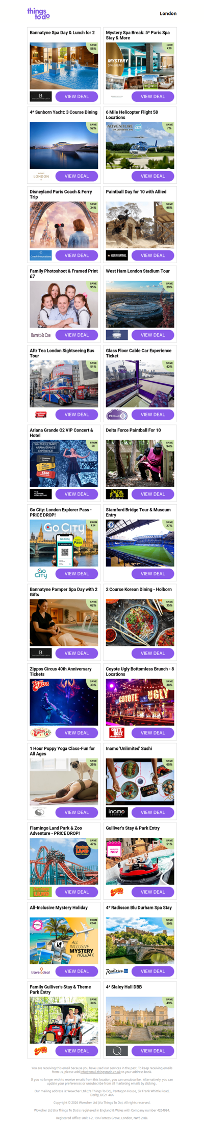 Bannatyne Spa Day & Lunch for 2 | Mystery Spa Break: 5* Paris Spa Stay & More | 4* Sunborn Yacht: 3 Course Dining - PRICE DROP! | 6 Mile Helicopter Flight 58 Locations | Disneyland Paris Coach & Ferry Trip