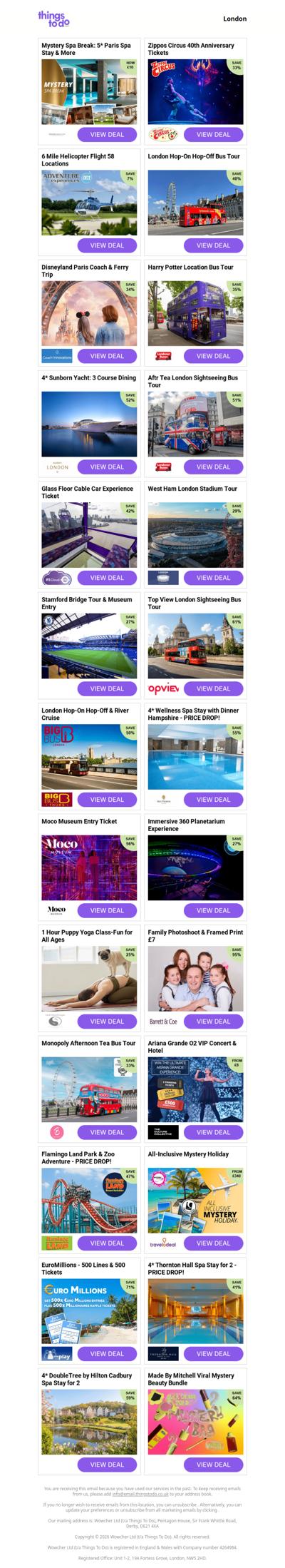 Mystery Spa Break: 5* Paris Spa Stay & More | Zippos Circus 40th Anniversary Tickets | 6 Mile Helicopter Flight 58 Locations | London Hop-On Hop-Off Bus Tour | Disneyland Paris Coach & Ferry Trip