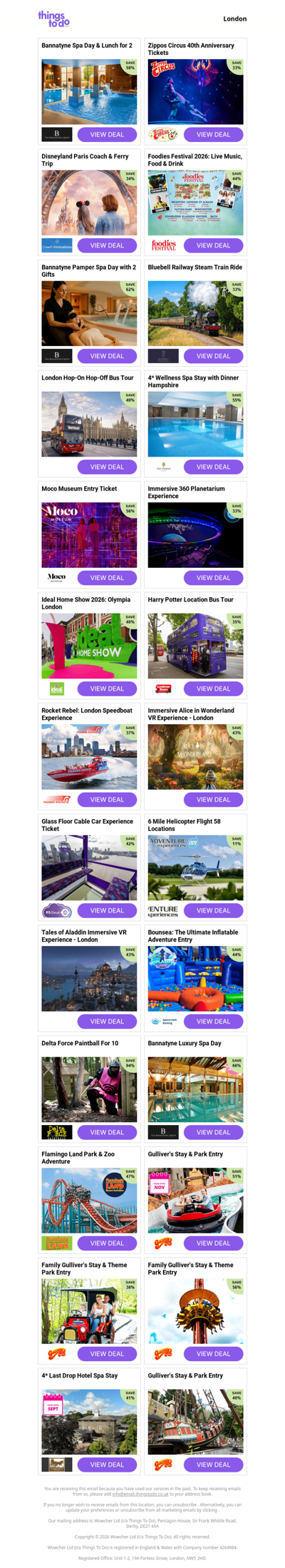 Bannatyne Spa Day & Lunch for 2 | Zippos Circus 40th Anniversary Tickets | Disneyland Paris Coach & Ferry Trip | Foodies Festival 2026: Live Music, Food & Drink | Bannatyne Pamper Spa Day with 2 Gifts