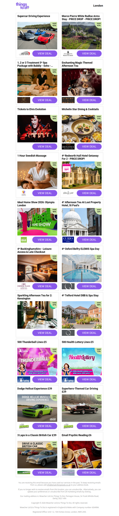 Supercar Driving Experience | Marco Pierre White Rudloe Arms Stay - PRICE DROP - PRICE DROP! | 1, 2 or 3 Treatment 5* Spa Package with Bubbly - Soho - PRICE DROP! | Enchanting Magic Themed Afternoon Tea | Tickets to Elvis Evolution