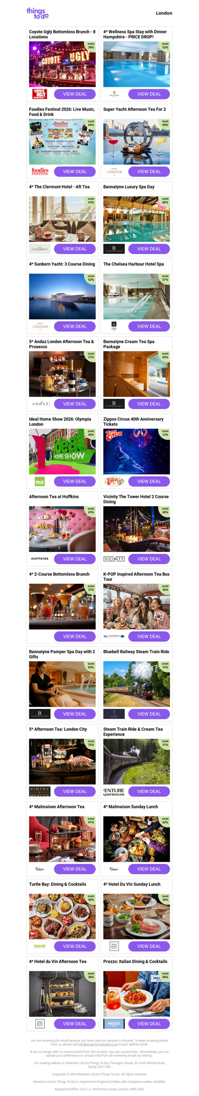 Coyote Ugly Bottomless Brunch - 8 Locations | 4* Wellness Spa Stay with Dinner Hampshire - PRICE DROP! | Foodies Festival 2026: Live Music, Food & Drink | Super Yacht Afternoon Tea For 2 | 4* The Clermont Hotel - Aft Tea