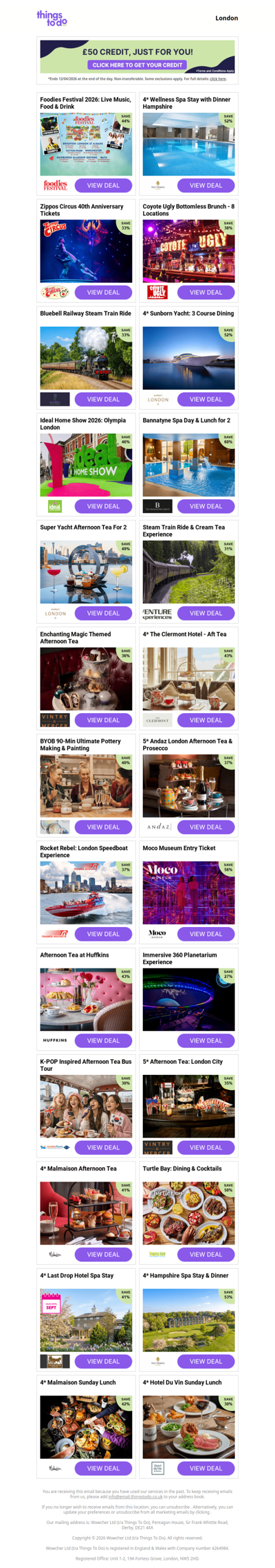 Foodies Festival 2026: Live Music, Food & Drink | 4* Wellness Spa Stay with Dinner Hampshire | Zippos Circus 40th Anniversary Tickets | Coyote Ugly Bottomless Brunch - 8 Locations | Bluebell Railway Steam Train Ride