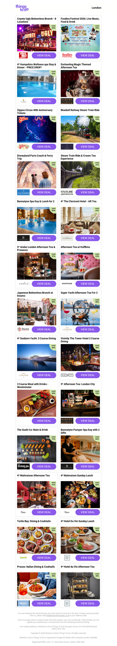 Coyote Ugly Bottomless Brunch - 8 Locations | Foodies Festival 2026: Live Music, Food & Drink - PRICE DROP! | 4* Hampshire Wellness spa Stay & Dinner - PRICE DROP! | Enchanting Magic Themed Afternoon Tea | Zippos Circus 40th Anniversary Tickets