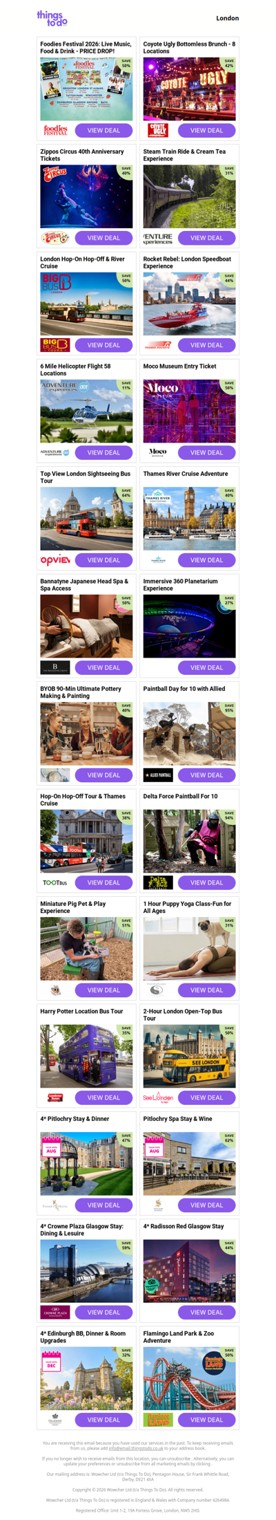 Foodies Festival 2026: Live Music, Food & Drink - PRICE DROP! | Coyote Ugly Bottomless Brunch - 8 Locations | Zippos Circus 40th Anniversary Tickets | Steam Train Ride & Cream Tea Experience | London Hop-On Hop-Off & River Cruise