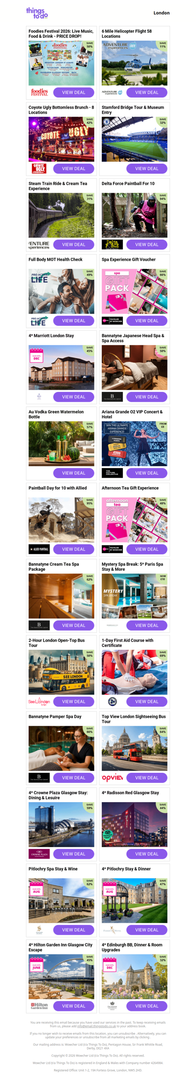 Foodies Festival 2026: Live Music, Food & Drink - PRICE DROP! | 6 Mile Helicopter Flight 58 Locations | Coyote Ugly Bottomless Brunch - 8 Locations | Stamford Bridge Tour & Museum Entry | Steam Train Ride & Cream Tea Experience
