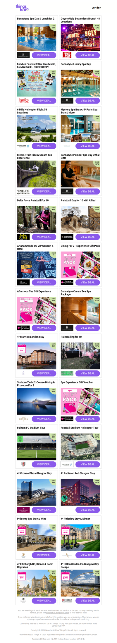 Bannatyne Spa Day & Lunch for 2 | Coyote Ugly Bottomless Brunch - 8 Locations | Foodies Festival 2026: Live Music, Food & Drink - PRICE DROP! | Bannatyne Luxury Spa Day | 6 Mile Helicopter Flight 58 Locations