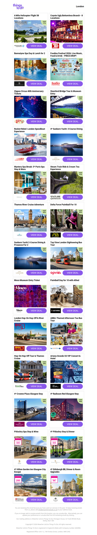 6 Mile Helicopter Flight 58 Locations | Coyote Ugly Bottomless Brunch - 8 Locations | Bannatyne Spa Day & Lunch for 2 | Foodies Festival 2026: Live Music, Food & Drink - PRICE DROP! | Zippos Circus 40th Anniversary Tickets