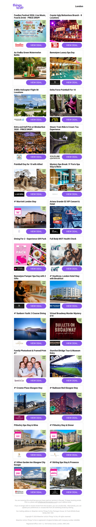 Foodies Festival 2026: Live Music, Food & Drink - PRICE DROP! | Coyote Ugly Bottomless Brunch - 8 Locations | Au Vodka Green Watermelon Bottle | Bannatyne Luxury Spa Day | 6 Mile Helicopter Flight 58 Locations