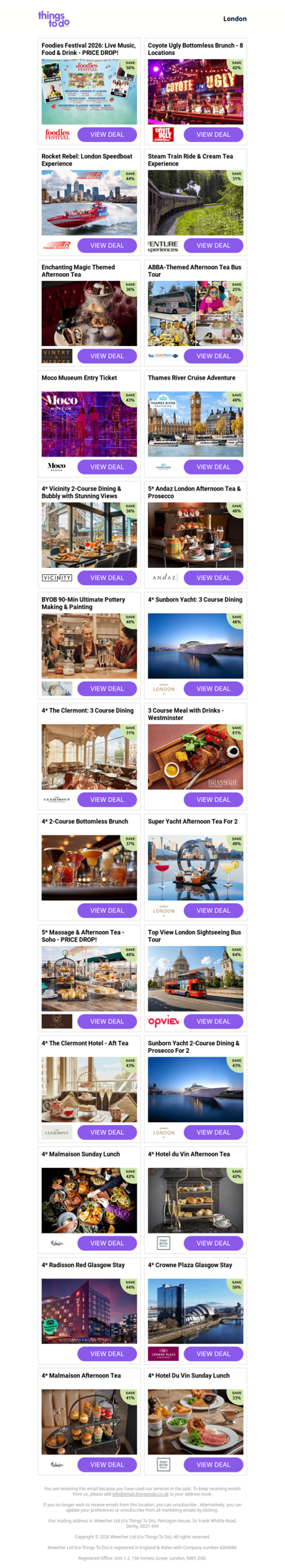 Foodies Festival 2026: Live Music, Food & Drink - PRICE DROP! | Coyote Ugly Bottomless Brunch - 8 Locations | Rocket Rebel: London Speedboat Experience | Steam Train Ride & Cream Tea Experience | Enchanting Magic Themed Afternoon Tea
