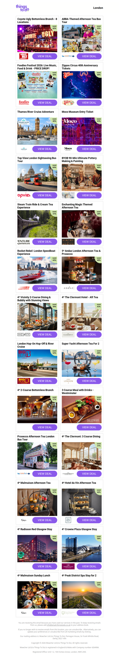 Coyote Ugly Bottomless Brunch - 8 Locations | ABBA-Themed Afternoon Tea Bus Tour | Foodies Festival 2026: Live Music, Food & Drink - PRICE DROP! | Zippos Circus 40th Anniversary Tickets | Thames River Cruise Adventure - PRICE DROP!