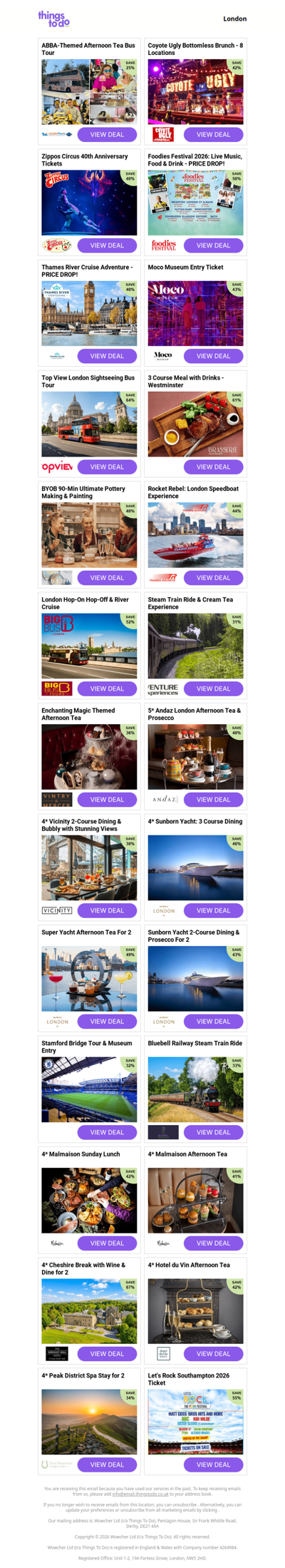 ABBA-Themed Afternoon Tea Bus Tour | Coyote Ugly Bottomless Brunch - 8 Locations | Zippos Circus 40th Anniversary Tickets | Foodies Festival 2026: Live Music, Food & Drink - PRICE DROP! | Thames River Cruise Adventure - PRICE DROP!