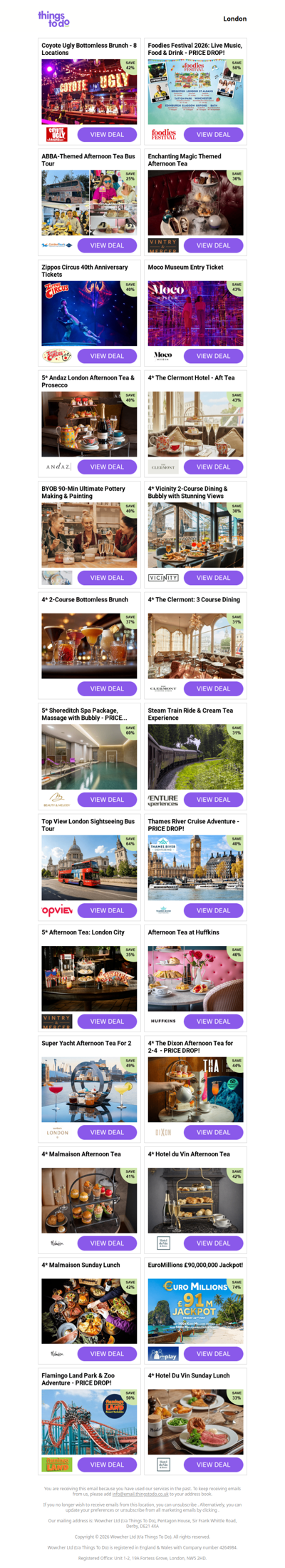 Coyote Ugly Bottomless Brunch - 8 Locations | Foodies Festival 2026: Live Music, Food & Drink - PRICE DROP! | ABBA-Themed Afternoon Tea Bus Tour | Enchanting Magic Themed Afternoon Tea | Zippos Circus 40th Anniversary Tickets