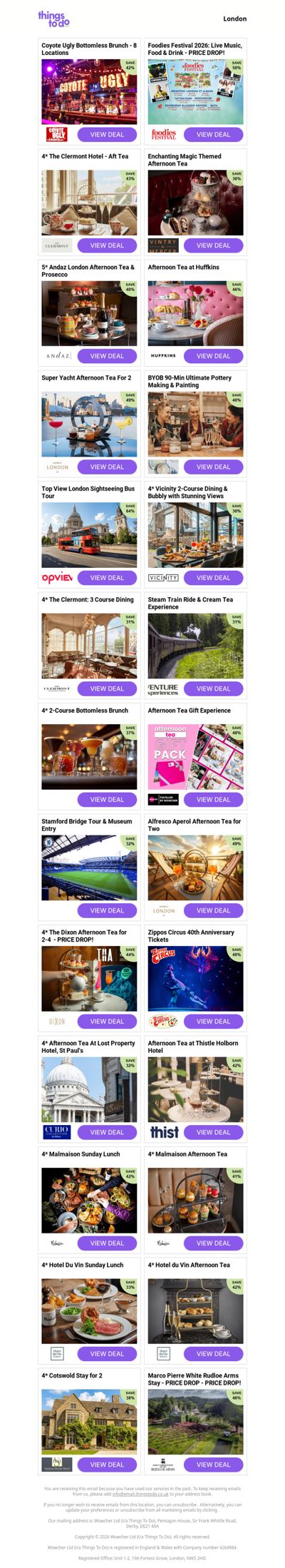 Coyote Ugly Bottomless Brunch - 8 Locations | Foodies Festival 2026: Live Music, Food & Drink - PRICE DROP! | 4* The Clermont Hotel - Aft Tea | Enchanting Magic Themed Afternoon Tea | 5* Andaz London Afternoon Tea & Prosecco
