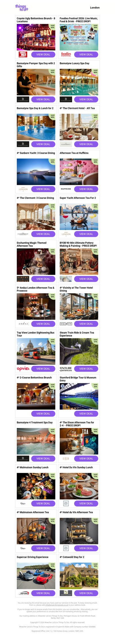 Coyote Ugly Bottomless Brunch - 8 Locations | Foodies Festival 2026: Live Music, Food & Drink - PRICE DROP! | Bannatyne Pamper Spa Day with 2 Gifts | Bannatyne Luxury Spa Day | Bannatyne Spa Day & Lunch for 2