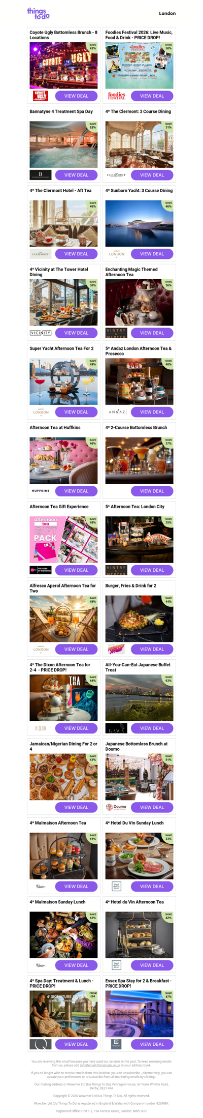 Coyote Ugly Bottomless Brunch - 8 Locations | Foodies Festival 2026: Live Music, Food & Drink - PRICE DROP! | Bannatyne 4 Treatment Spa Day | 4* The Clermont: 3 Course Dining | 4* The Clermont Hotel - Aft Tea