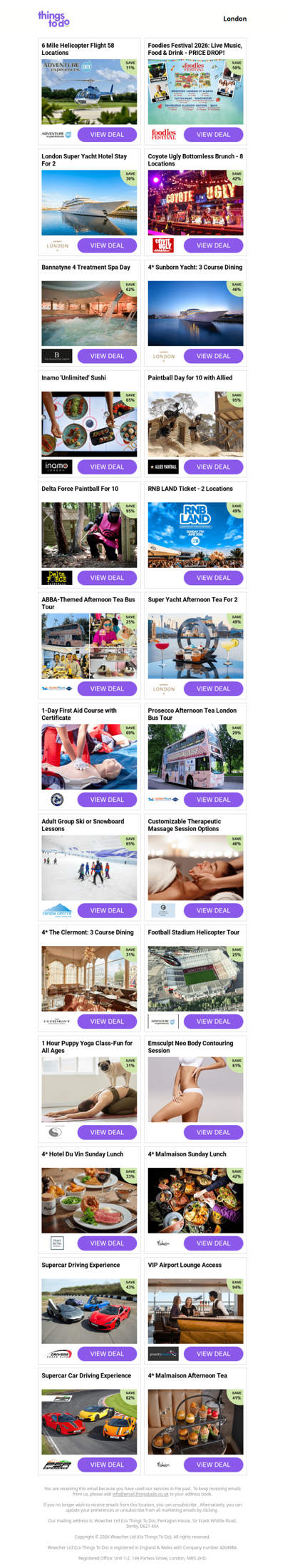 6 Mile Helicopter Flight 58 Locations | Foodies Festival 2026: Live Music, Food & Drink - PRICE DROP! | London Super Yacht Hotel Stay For 2 | Coyote Ugly Bottomless Brunch - 8 Locations | Bannatyne 4 Treatment Spa Day