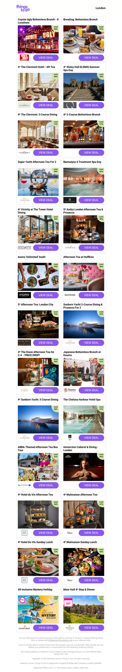 Coyote Ugly Bottomless Brunch - 8 Locations | BrewDog: Bottomless Brunch | 4* The Clermont Hotel - Aft Tea | 4* Slaley Hall ELEMIS Summer Spa Day - PRICE DROP! | 4* The Clermont: 3 Course Dining - PRICE DROP!