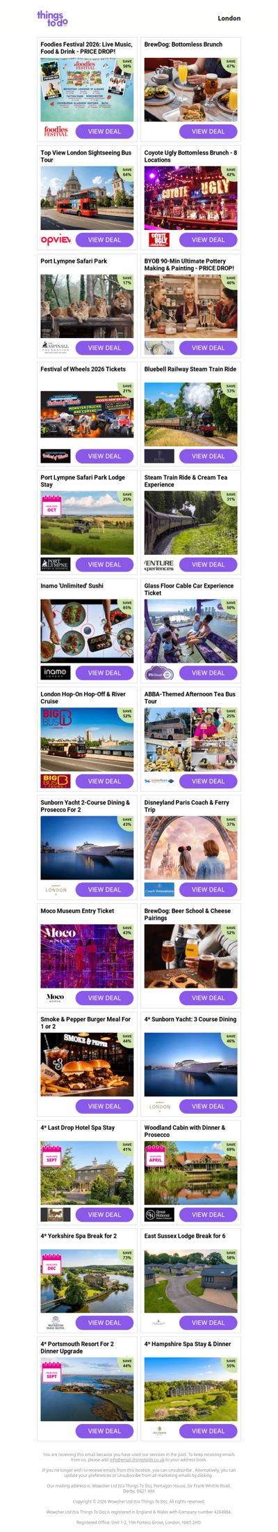 Foodies Festival 2026: Live Music, Food & Drink - PRICE DROP! | BrewDog: Bottomless Brunch | Top View London Sightseeing Bus Tour | Coyote Ugly Bottomless Brunch - 8 Locations | Port Lympne Safari Park