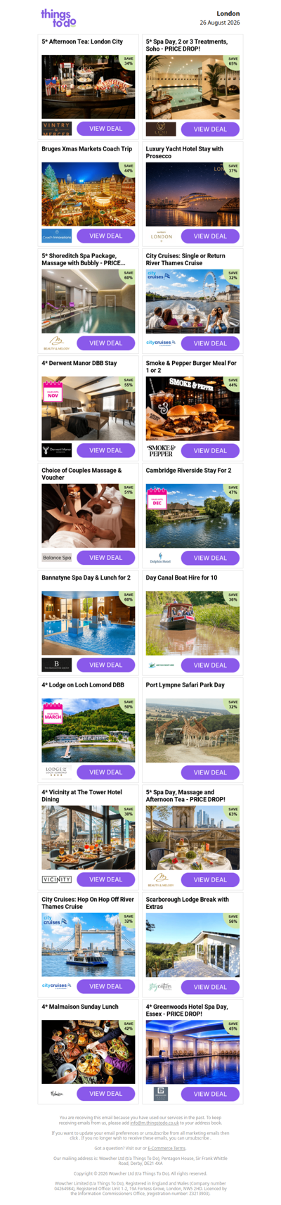 5* Afternoon Tea: London City | 5* Spa Day, 2 or 3 Treatments, Soho - PRICE DROP! | Bruges Xmas Markets Coach Trip | Luxury Yacht Hotel Stay with Prosecco | 5* Shoreditch Spa Package, Massage with Bubbly - PRICE DROP!