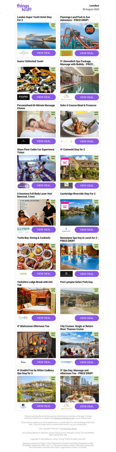 London Super Yacht Hotel Stay For 2 | Flamingo Land Park & Zoo Adventure - PRICE DROP! | Inamo 'Unlimited' Sushi | 5* Shoreditch Spa Package, Massage with Bubbly - PRICE DROP! | Personalised 60-Minute Massage Choice