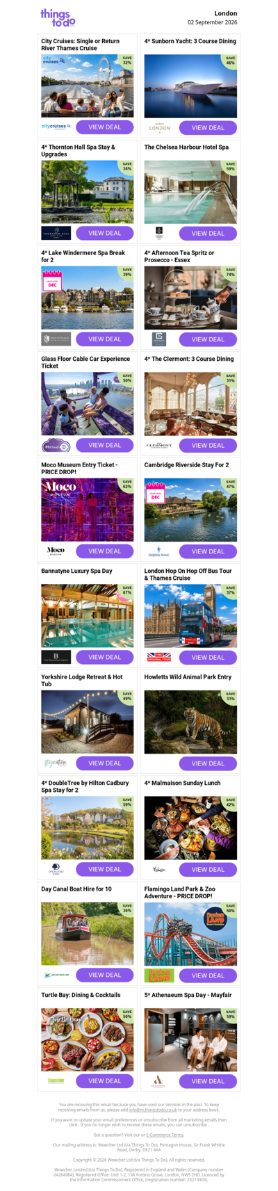 City Cruises: Single or Return River Thames Cruise | 4* Sunborn Yacht: 3 Course Dining | 4* Thornton Hall Spa Stay & Upgrades | The Chelsea Harbour Hotel Spa | 4* Lake Windermere Spa Break for 2