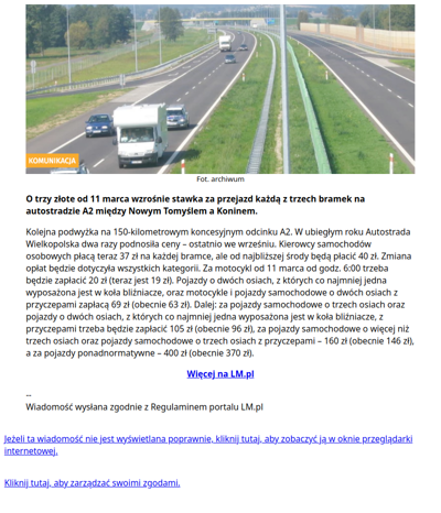 Autostrada A2 droższa od środy. Nowe stawki na odcinku Nowy Tomyśl–Konin