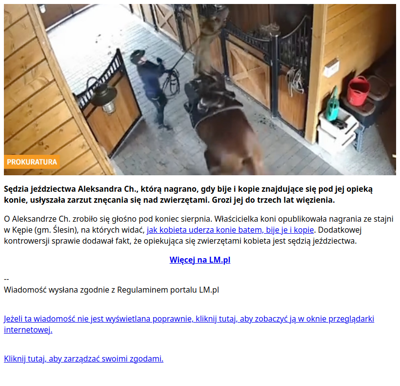 Biła i kopała konie. Usłyszała zarzut, grozi jej do trzech lat więzienia