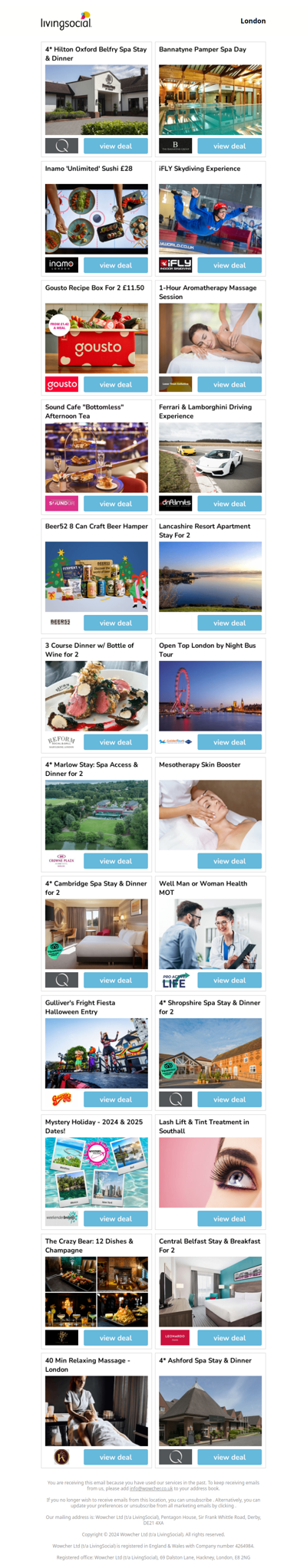 4* Hilton Oxford Belfry Spa Stay & Dinner | Bannatyne Pamper Spa Day | Inamo 'Unlimited' Sushi £28 | iFLY Skydiving Experience | Gousto Recipe Box For 2 £11.50