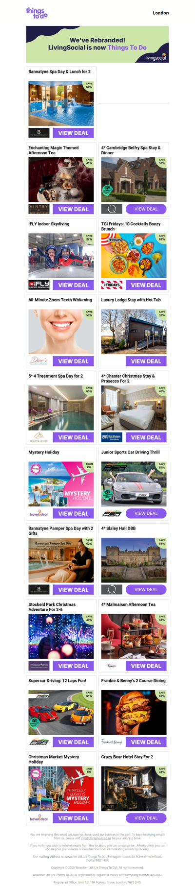 Bannatyne Spa Day & Lunch for 2 | £20 JD Sports Online Voucher | Enchanting Magic Themed Afternoon Tea | 4* Cambridge Belfry Spa Stay & Dinner | iFLY Indoor Skydiving